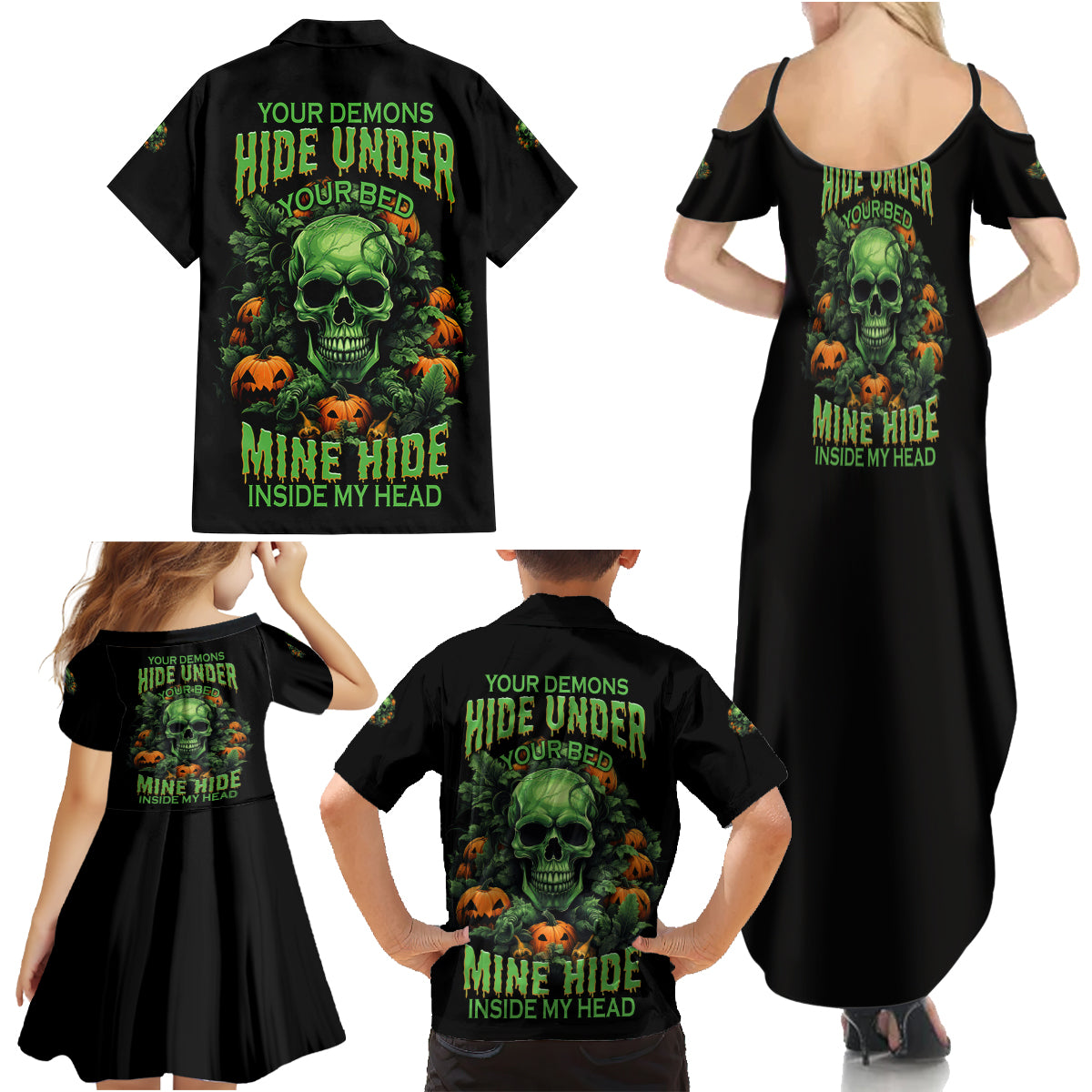 Your Demons Hide Under Your Bed Skull Halloween Family Matching Summer Maxi Dress and Hawaiian Shirt - Wonder Print Shop