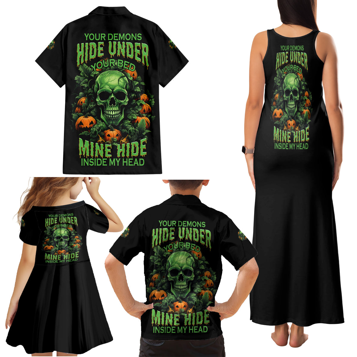 Your Demons Hide Under Your Bed Skull Halloween Family Matching Tank Maxi Dress and Hawaiian Shirt - Wonder Print Shop