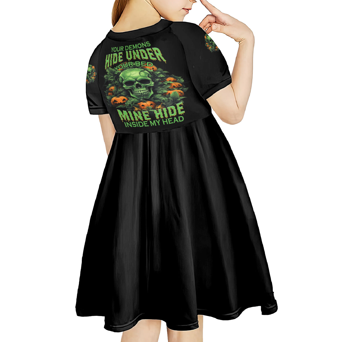Your Demons Hide Under Your Bed Skull Halloween Kid Short Sleeve Dress - Wonder Print Shop
