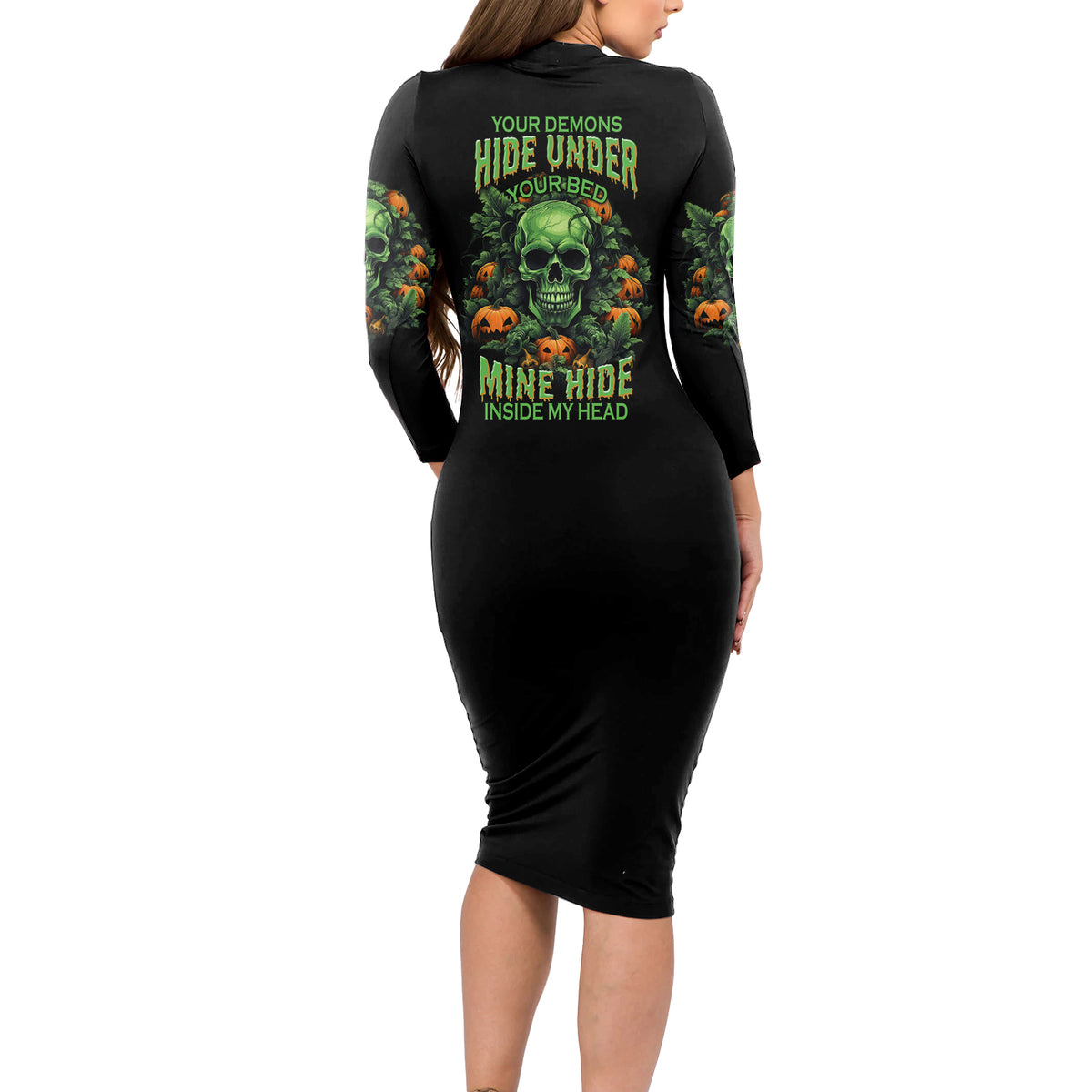 Your Demons Hide Under Your Bed Skull Halloween Long Sleeve Bodycon Dress - Wonder Print Shop