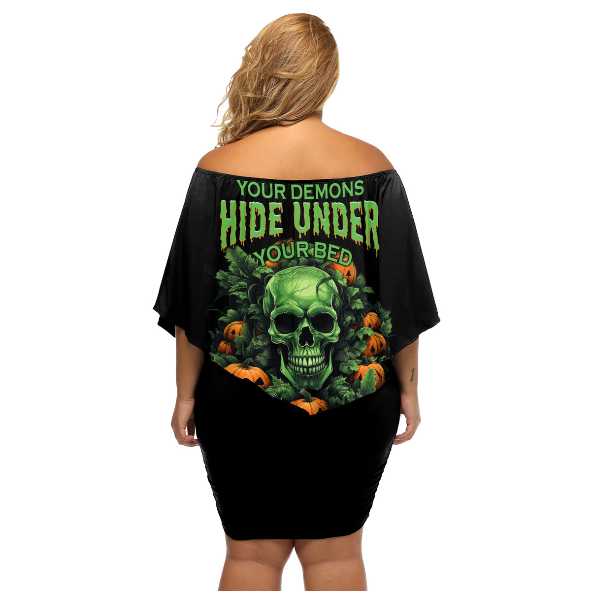 Your Demons Hide Under Your Bed Skull Halloween Off Shoulder Short Dress - Wonder Print Shop
