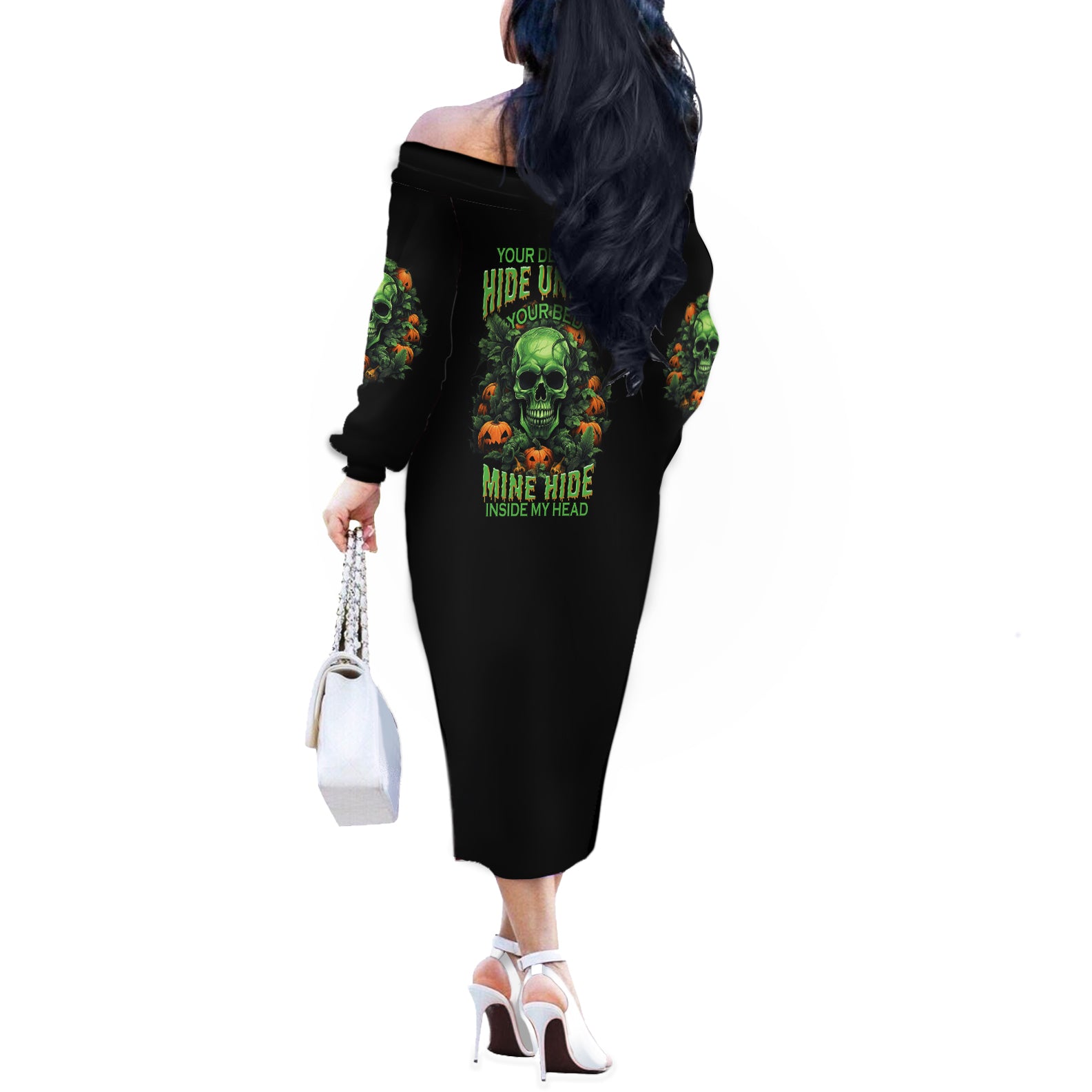 Your Demons Hide Under Your Bed Skull Halloween Off The Shoulder Long Sleeve Dress - Wonder Print Shop
