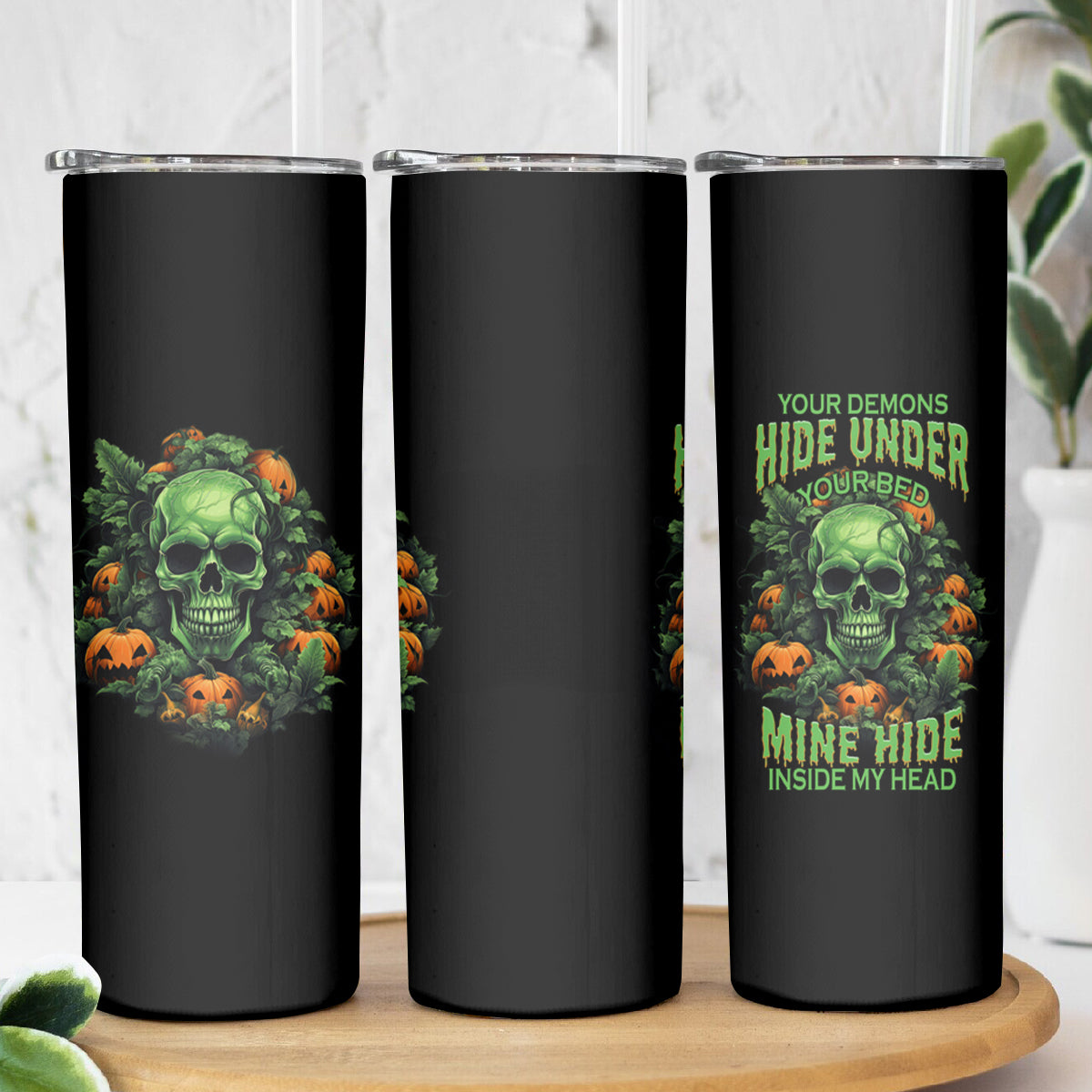 Your Demons Hide Under Your Bed Skull Halloween Skinny Tumbler - Wonder Print Shop