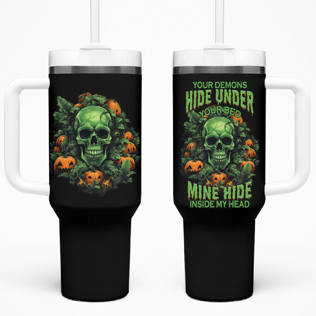 Your Demons Hide Under Your Bed Skull Halloween Tumbler With Handle - Wonder Print Shop