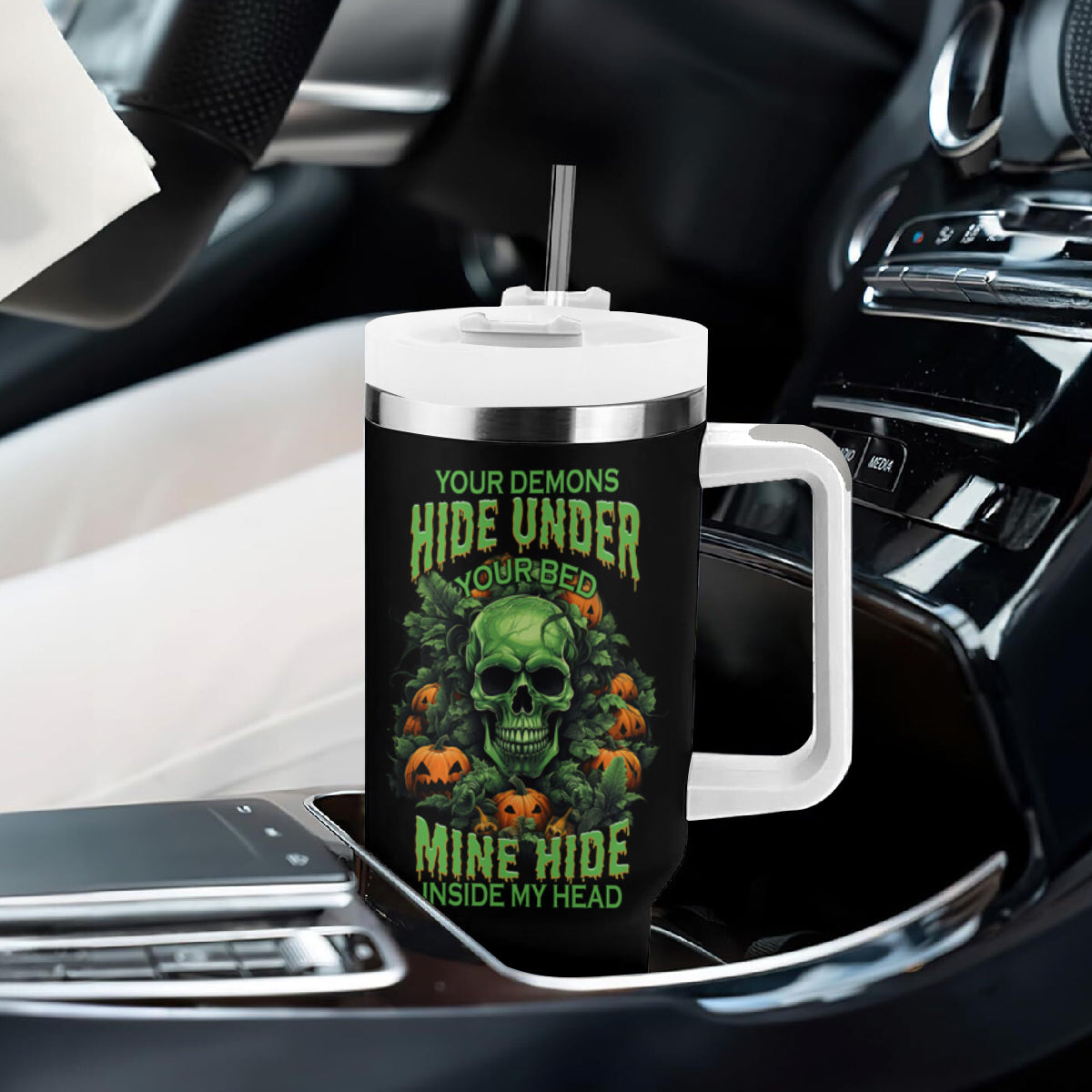 Your Demons Hide Under Your Bed Skull Halloween Tumbler With Handle - Wonder Print Shop