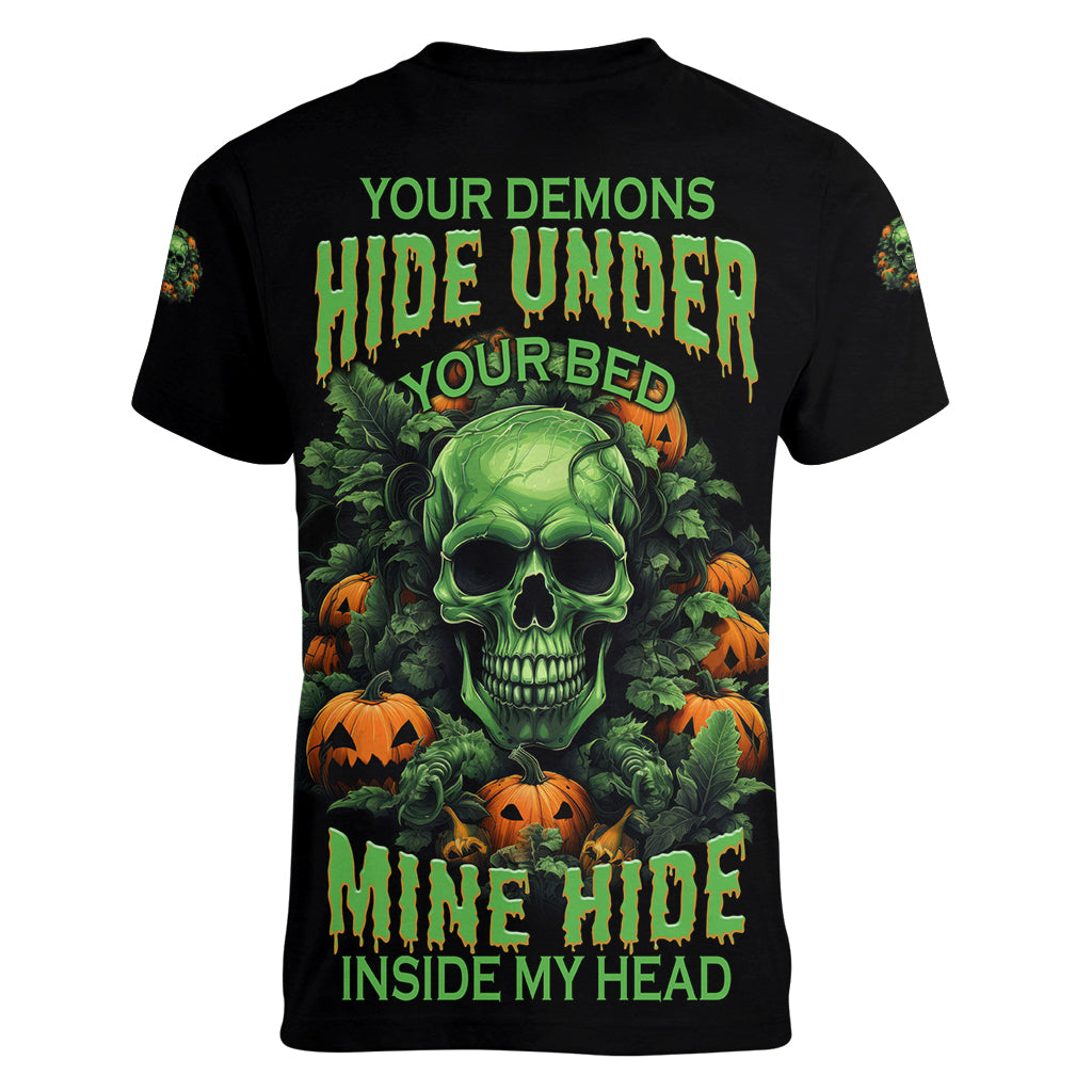 Your Demons Hide Under Your Bed Skull Halloween Women V Neck T Shirt - Wonder Print Shop