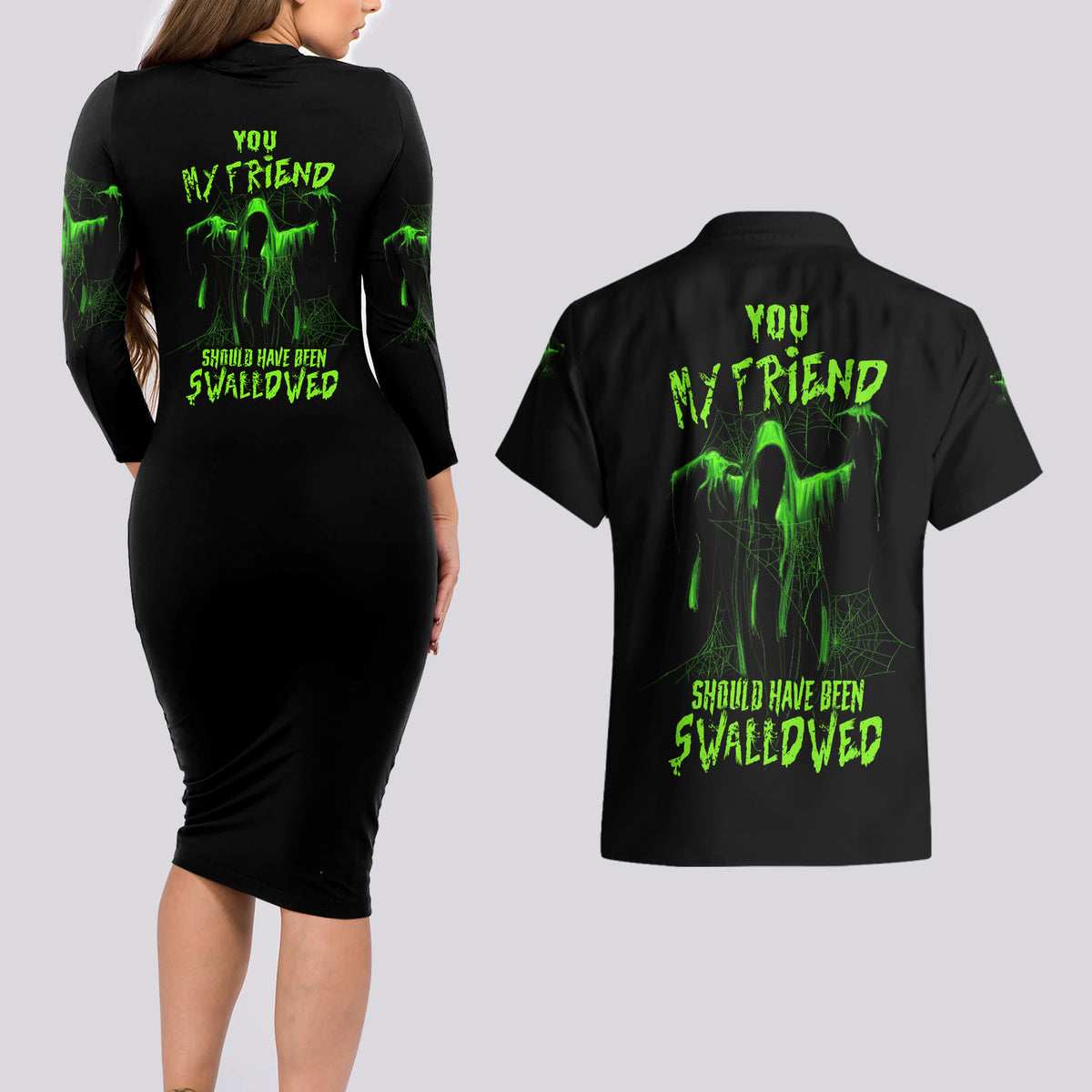 You My Friend Should Have Been Swallowed Halloween Couples Matching Long Sleeve Bodycon Dress and Hawaiian Shirt - Wonder Print Shop