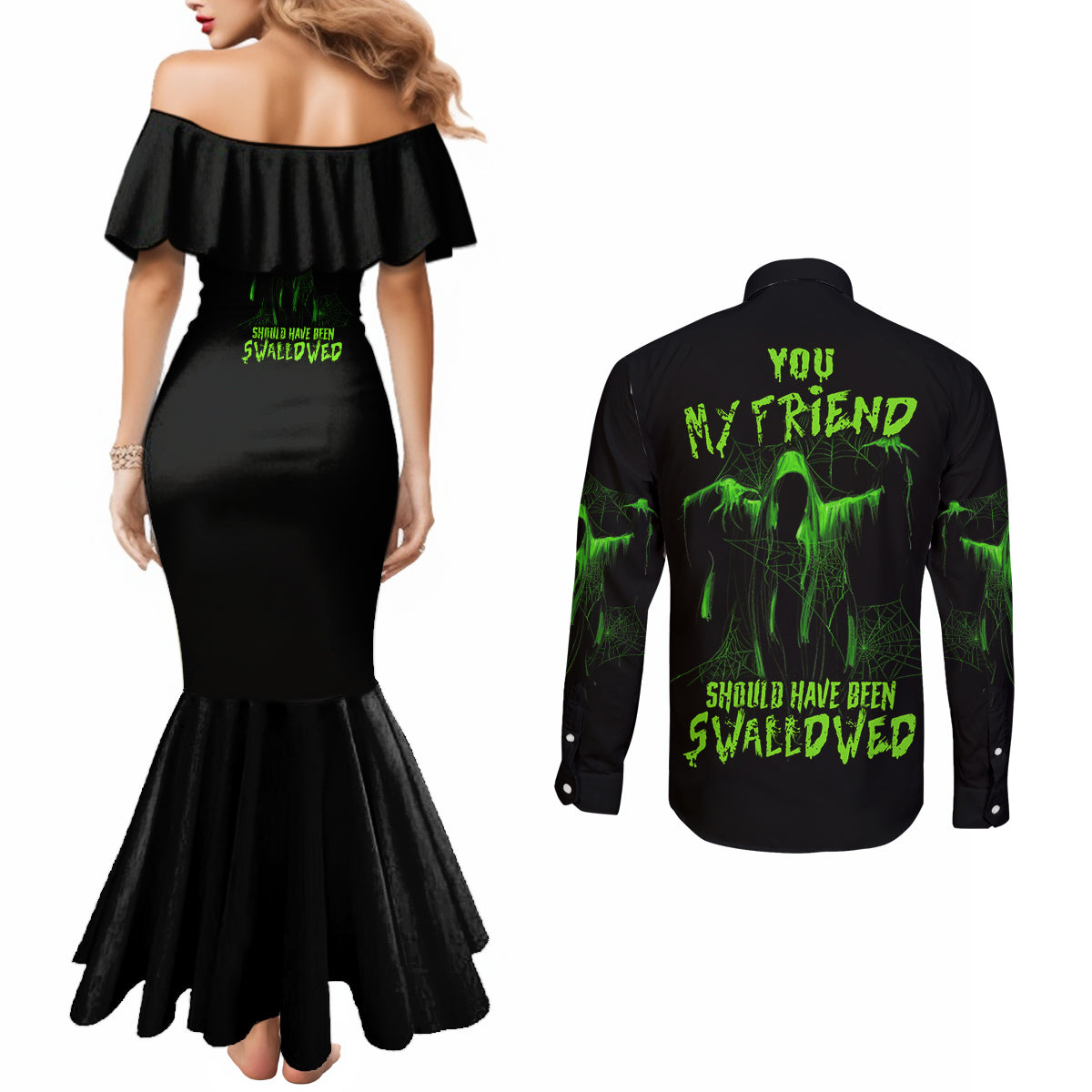 you-my-friend-should-have-been-swallowed-halloween-couples-matching-mermaid-dress-and-long-sleeve-button-shirt