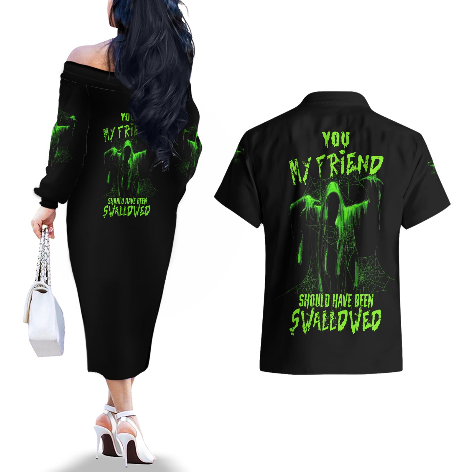 You My Friend Should Have Been Swallowed Halloween Couples Matching Off The Shoulder Long Sleeve Dress and Hawaiian Shirt - Wonder Print Shop