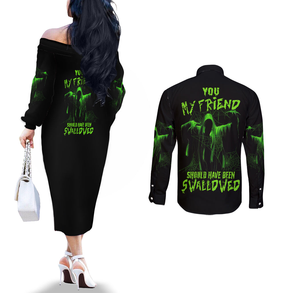 you-my-friend-should-have-been-swallowed-halloween-couples-matching-off-the-shoulder-long-sleeve-dress-and-long-sleeve-button-shirt