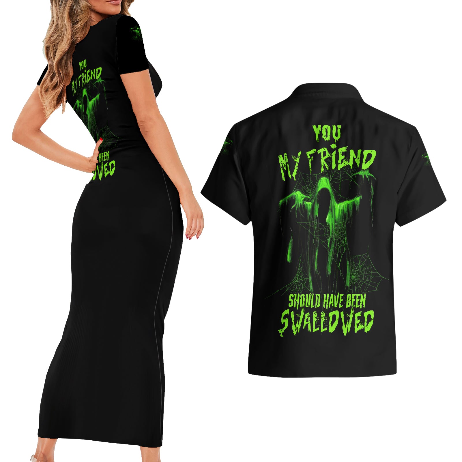 You My Friend Should Have Been Swallowed Halloween Couples Matching Short Sleeve Bodycon Dress and Hawaiian Shirt - Wonder Print Shop