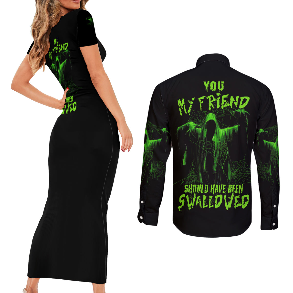 You My Friend Should Have Been Swallowed Halloween Couples Matching Short Sleeve Bodycon Dress and Long Sleeve Button Shirt - Wonder Print Shop