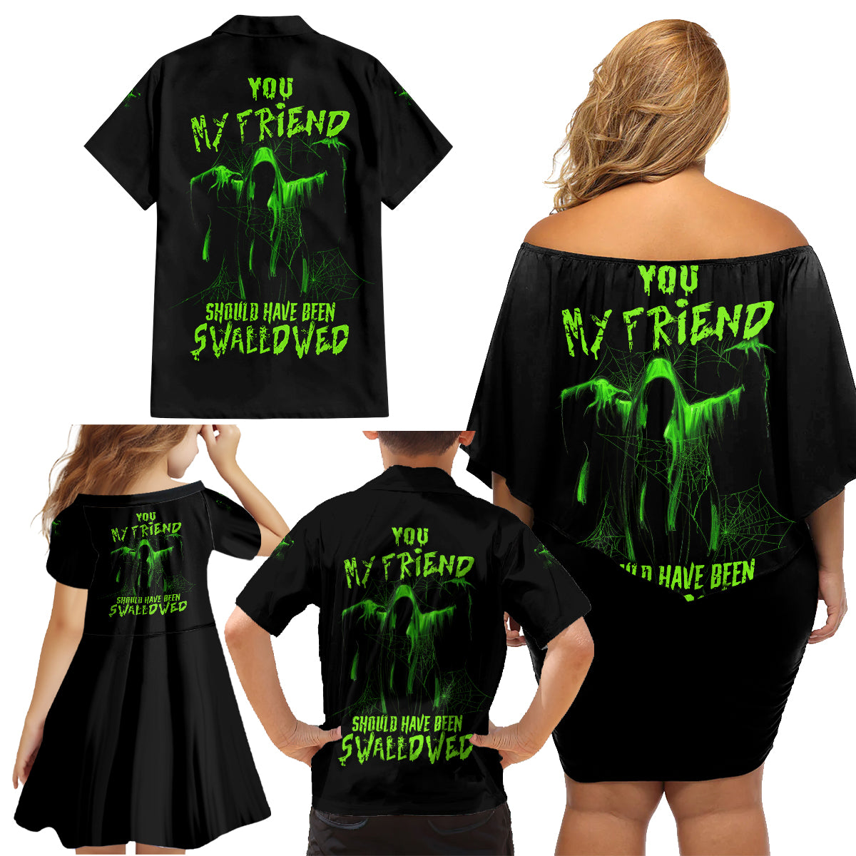 You My Friend Should Have Been Swallowed Halloween Family Matching Off Shoulder Short Dress and Hawaiian Shirt - Wonder Print Shop