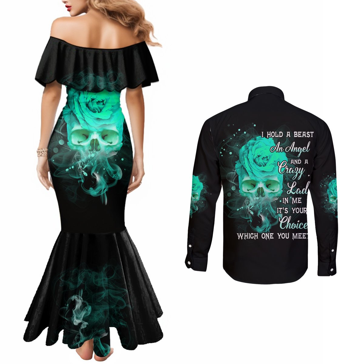 i-hold-a-beast-an-angel-crazy-lady-in-me-couples-matching-mermaid-dress-and-long-sleeve-button-shirt