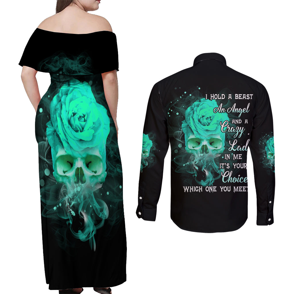I Hold A Beast An Angel Crazy Lady In Me Couples Matching Off Shoulder Maxi Dress and Long Sleeve Button Shirt - Wonder Print Shop