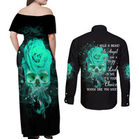 I Hold A Beast An Angel Crazy Lady In Me Couples Matching Off Shoulder Maxi Dress and Long Sleeve Button Shirt - Wonder Print Shop