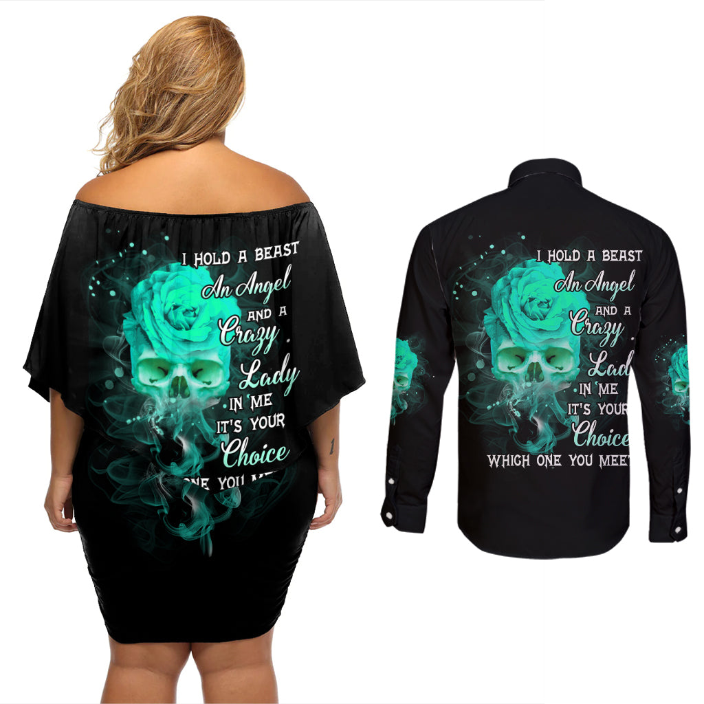 I Hold A Beast An Angel Crazy Lady In Me Couples Matching Off Shoulder Short Dress and Long Sleeve Button Shirt - Wonder Print Shop