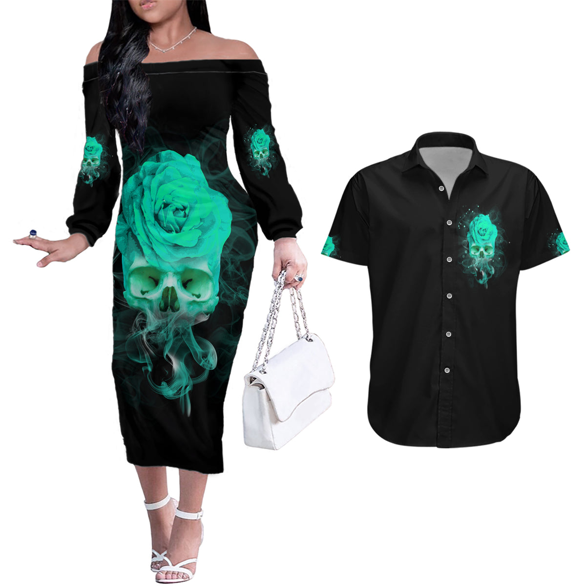 I Hold A Beast An Angel Crazy Lady In Me Couples Matching Off The Shoulder Long Sleeve Dress and Hawaiian Shirt - Wonder Print Shop