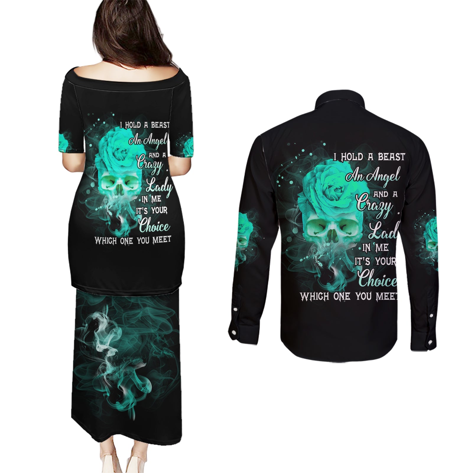 I Hold A Beast An Angel Crazy Lady In Me Couples Matching Puletasi Dress and Long Sleeve Button Shirt - Wonder Print Shop