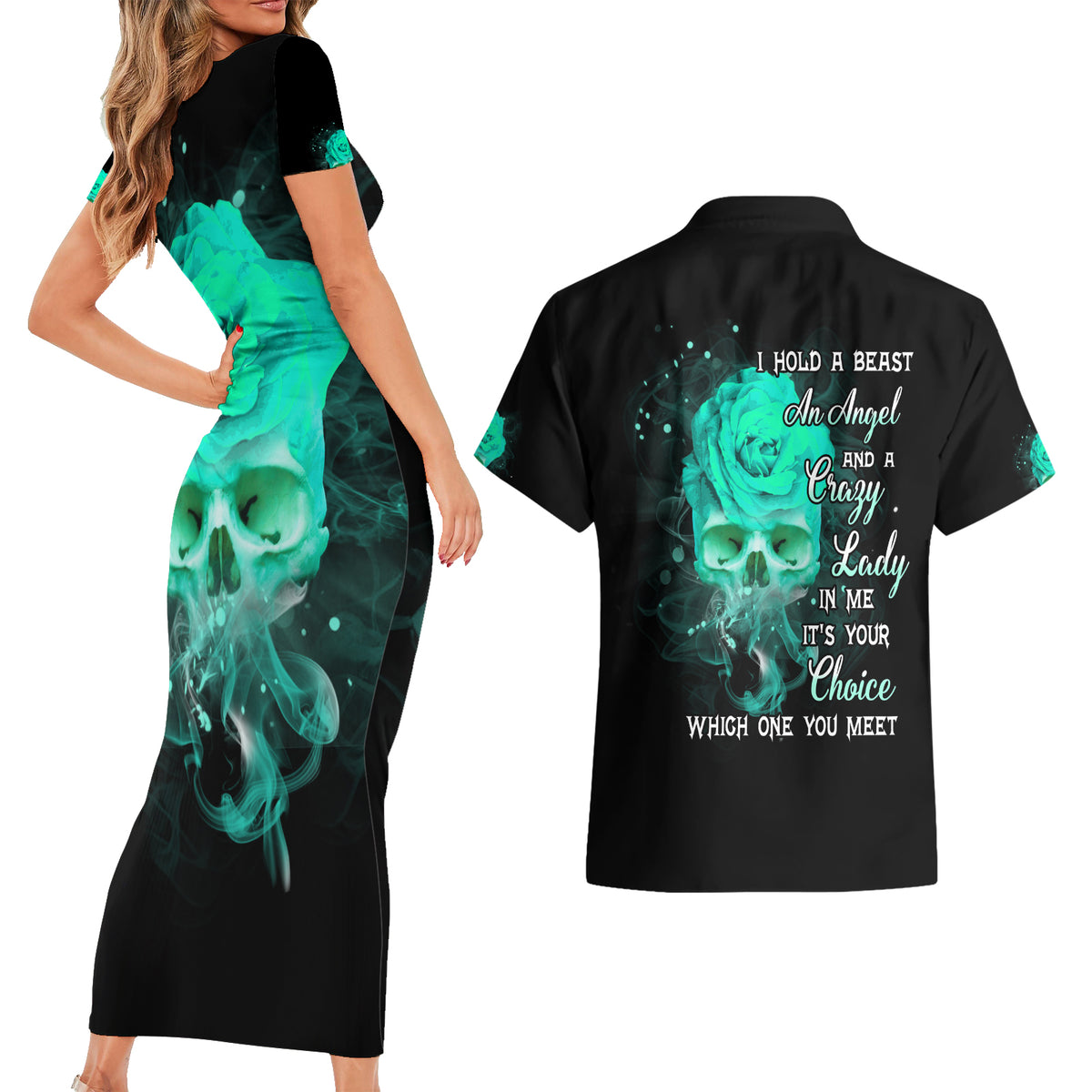 I Hold A Beast An Angel Crazy Lady In Me Couples Matching Short Sleeve Bodycon Dress and Hawaiian Shirt - Wonder Print Shop