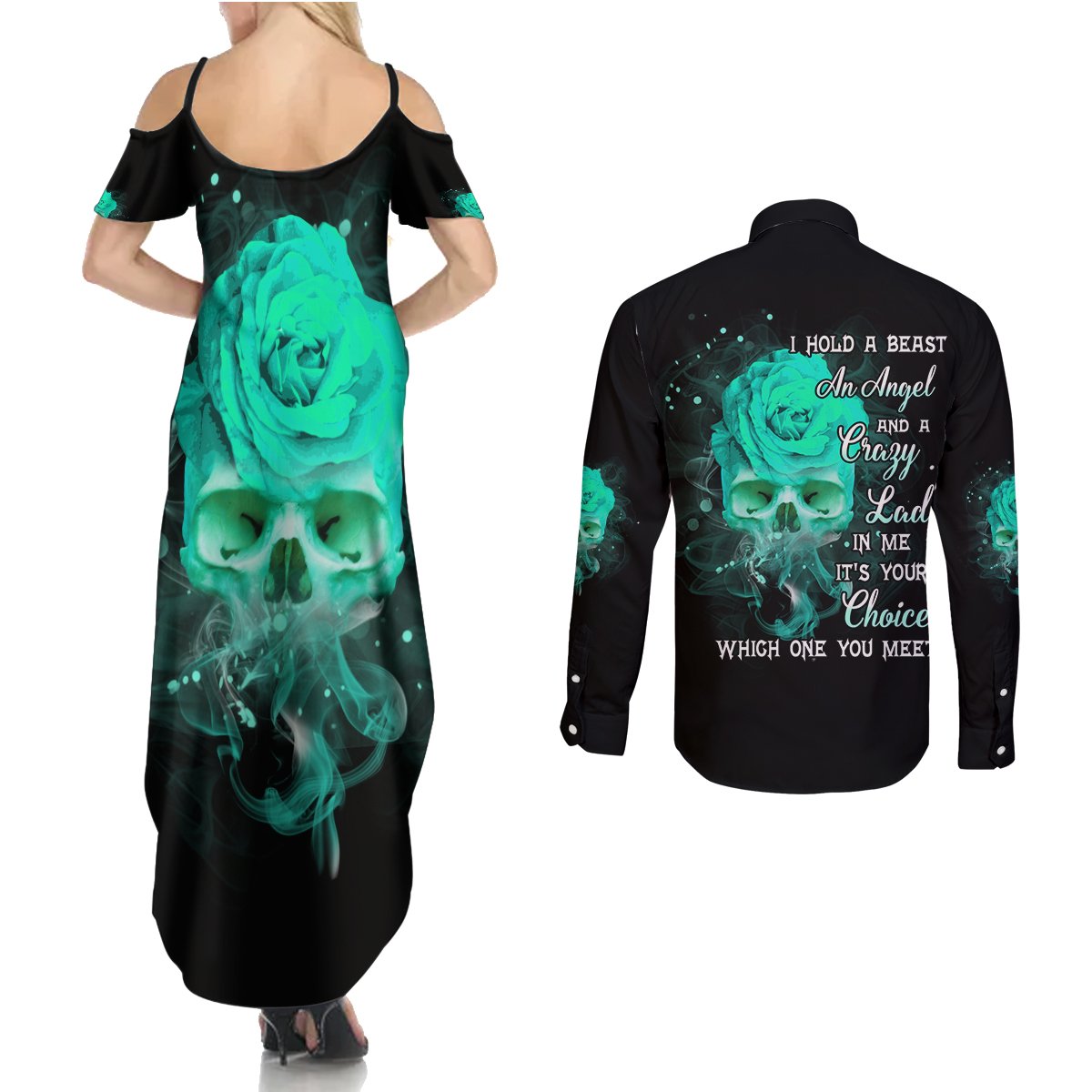 I Hold A Beast An Angel Crazy Lady In Me Couples Matching Summer Maxi Dress and Long Sleeve Button Shirt - Wonder Print Shop