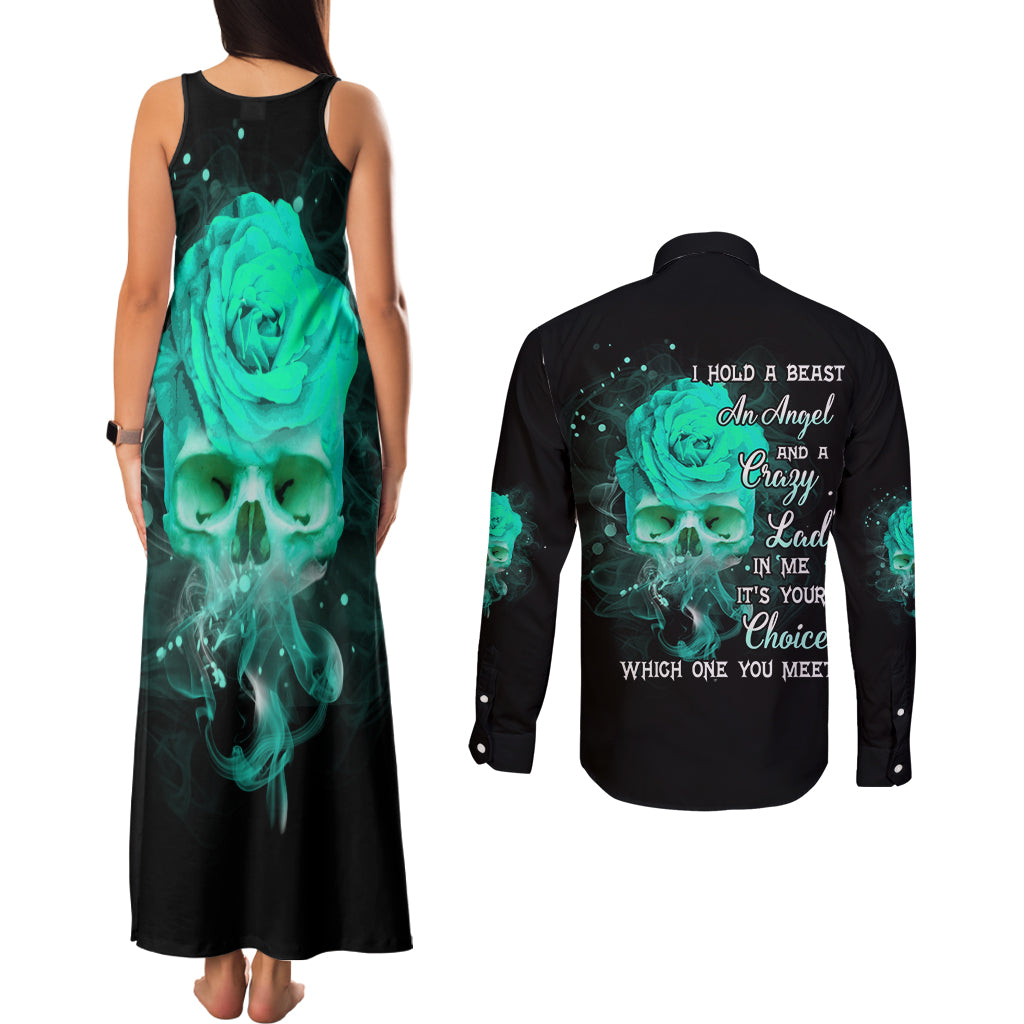 I Hold A Beast An Angel Crazy Lady In Me Couples Matching Tank Maxi Dress and Long Sleeve Button Shirt - Wonder Print Shop