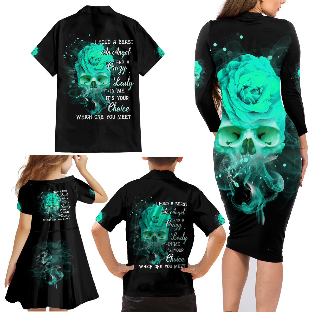 I Hold A Beast An Angel Crazy Lady In Me Family Matching Long Sleeve Bodycon Dress and Hawaiian Shirt - Wonder Print Shop