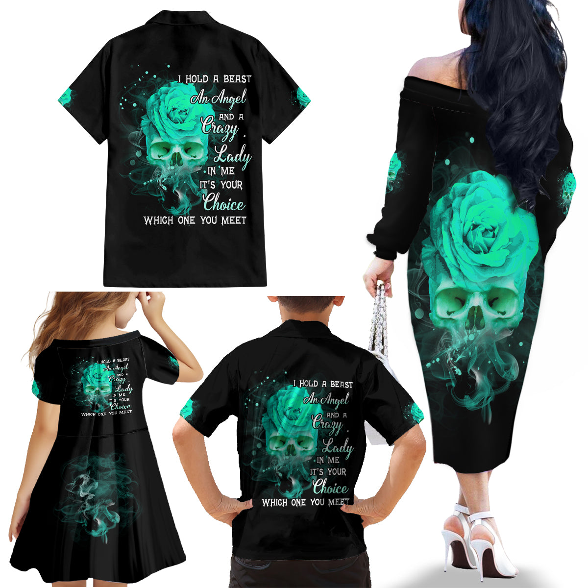 I Hold A Beast An Angel Crazy Lady In Me Family Matching Off Shoulder Long Sleeve Dress and Hawaiian Shirt - Wonder Print Shop