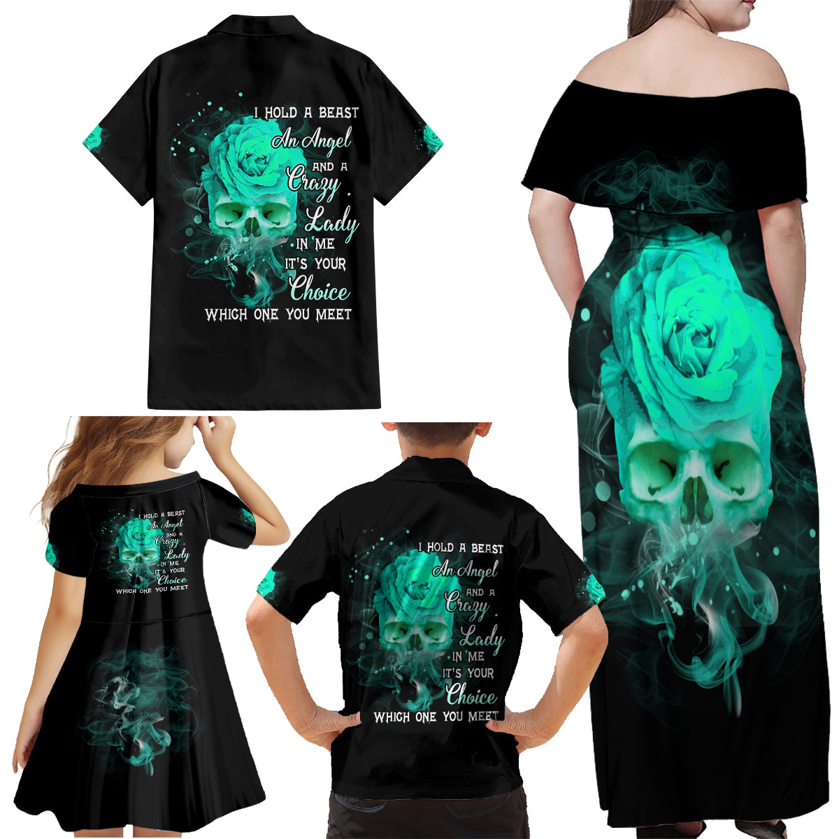 I Hold A Beast An Angel Crazy Lady In Me Family Matching Off Shoulder Maxi Dress and Hawaiian Shirt - Wonder Print Shop