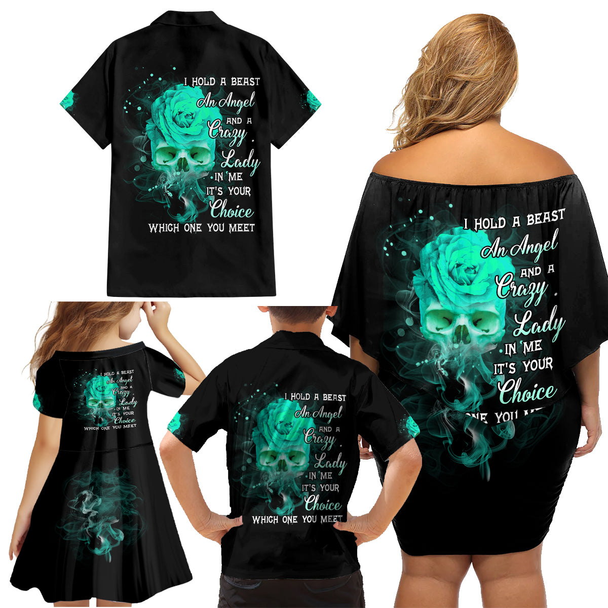 I Hold A Beast An Angel Crazy Lady In Me Family Matching Off Shoulder Short Dress and Hawaiian Shirt - Wonder Print Shop