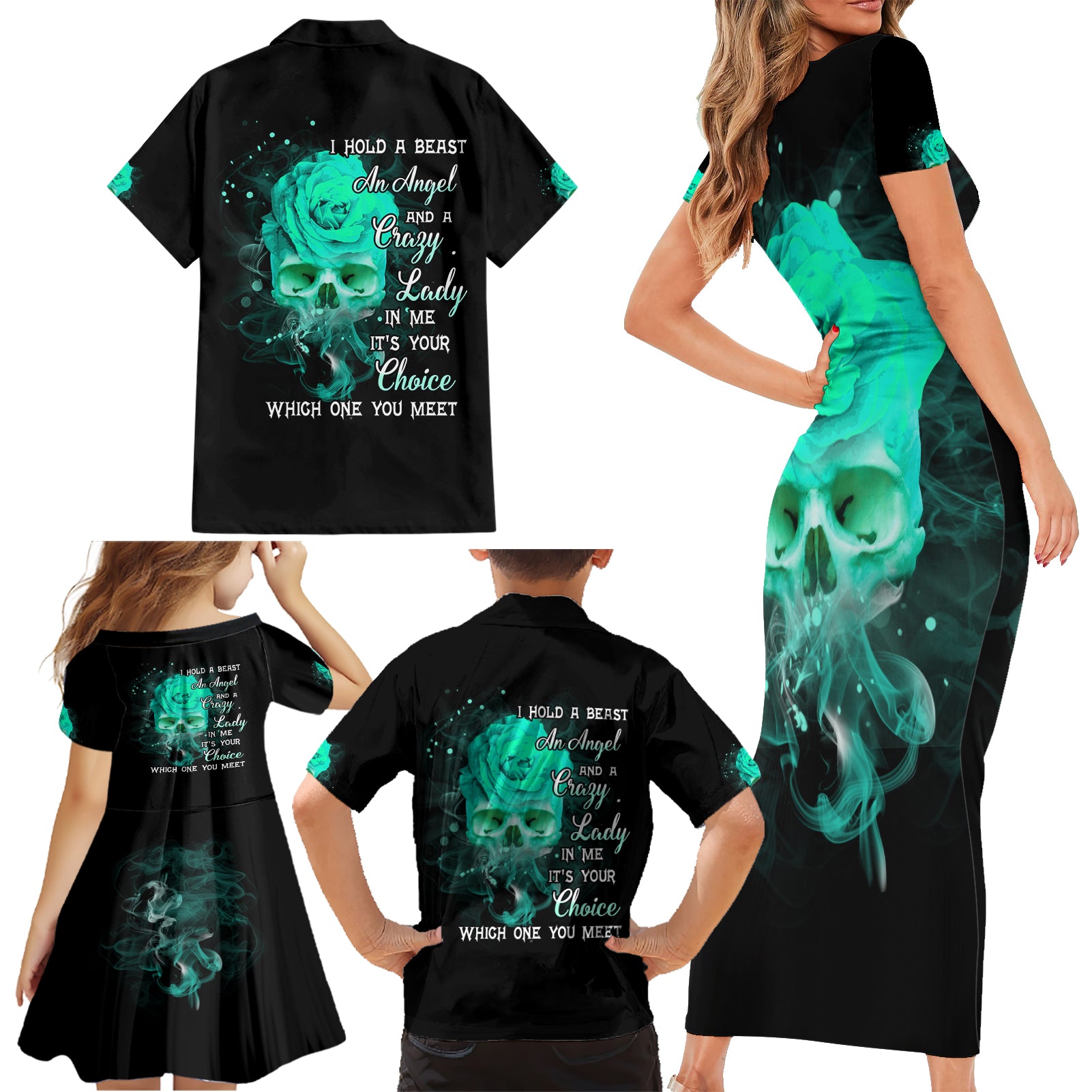 I Hold A Beast An Angel Crazy Lady In Me Family Matching Short Sleeve Bodycon Dress and Hawaiian Shirt - Wonder Print Shop