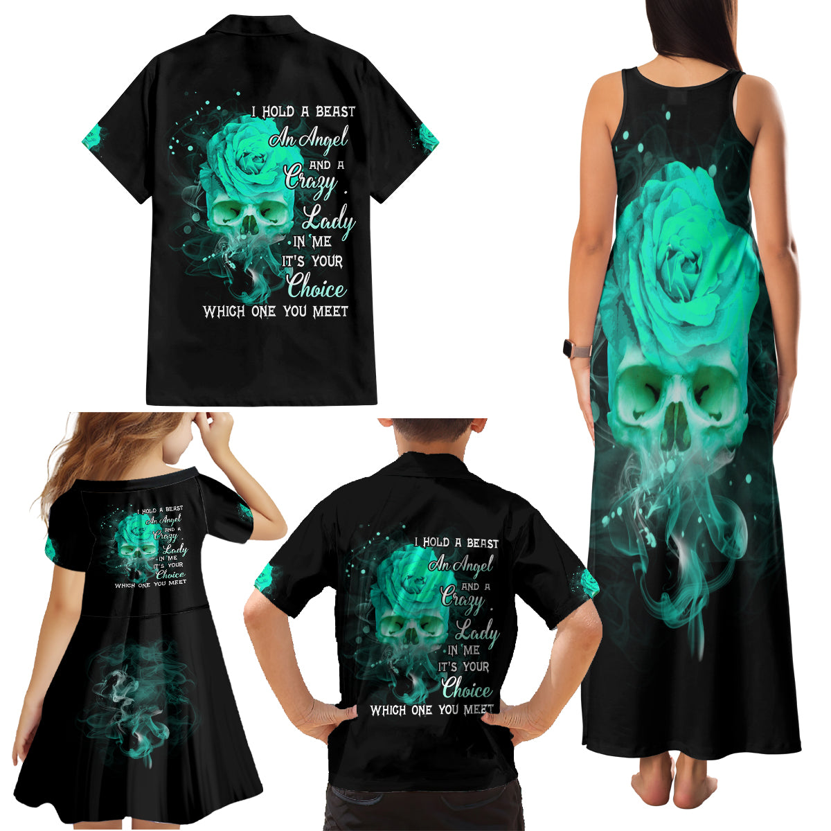 I Hold A Beast An Angel Crazy Lady In Me Family Matching Tank Maxi Dress and Hawaiian Shirt - Wonder Print Shop