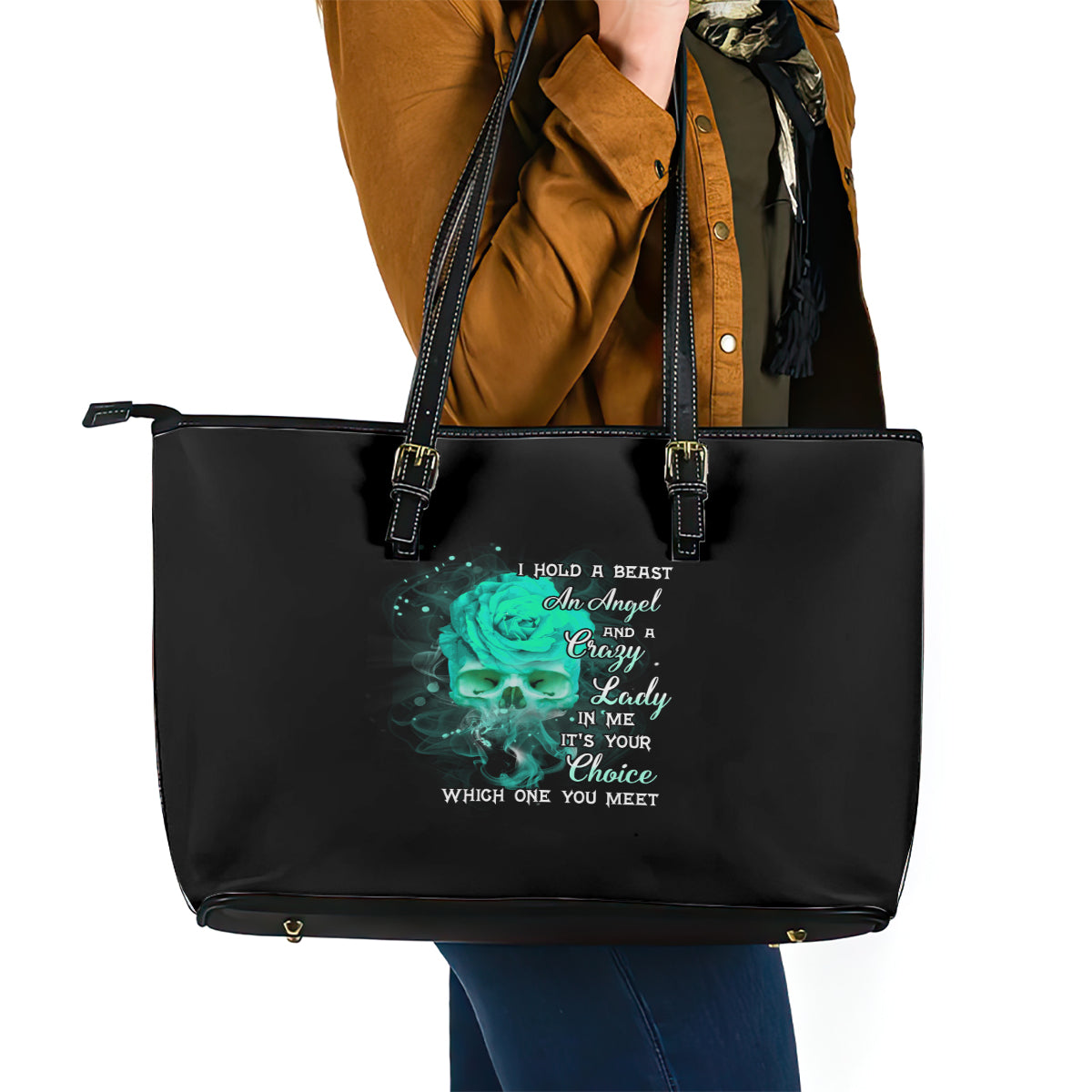 I Hold A Beast An Angel Crazy Lady In Me Leather Tote Bag - Wonder Print Shop