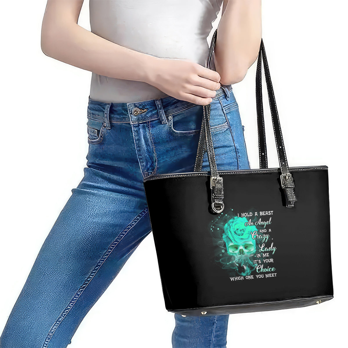 I Hold A Beast An Angel Crazy Lady In Me Leather Tote Bag - Wonder Print Shop
