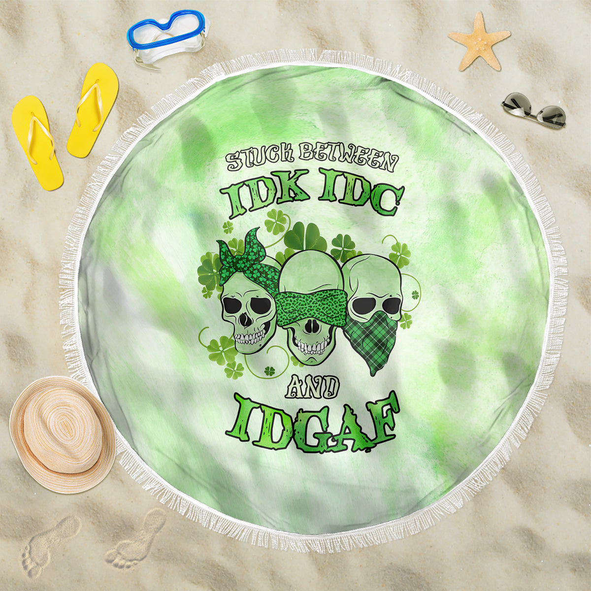 Stuck Between Idk Idc And Idgaf Rose Skull Patrick's Day Beach Blanket - Wonder Print Shop