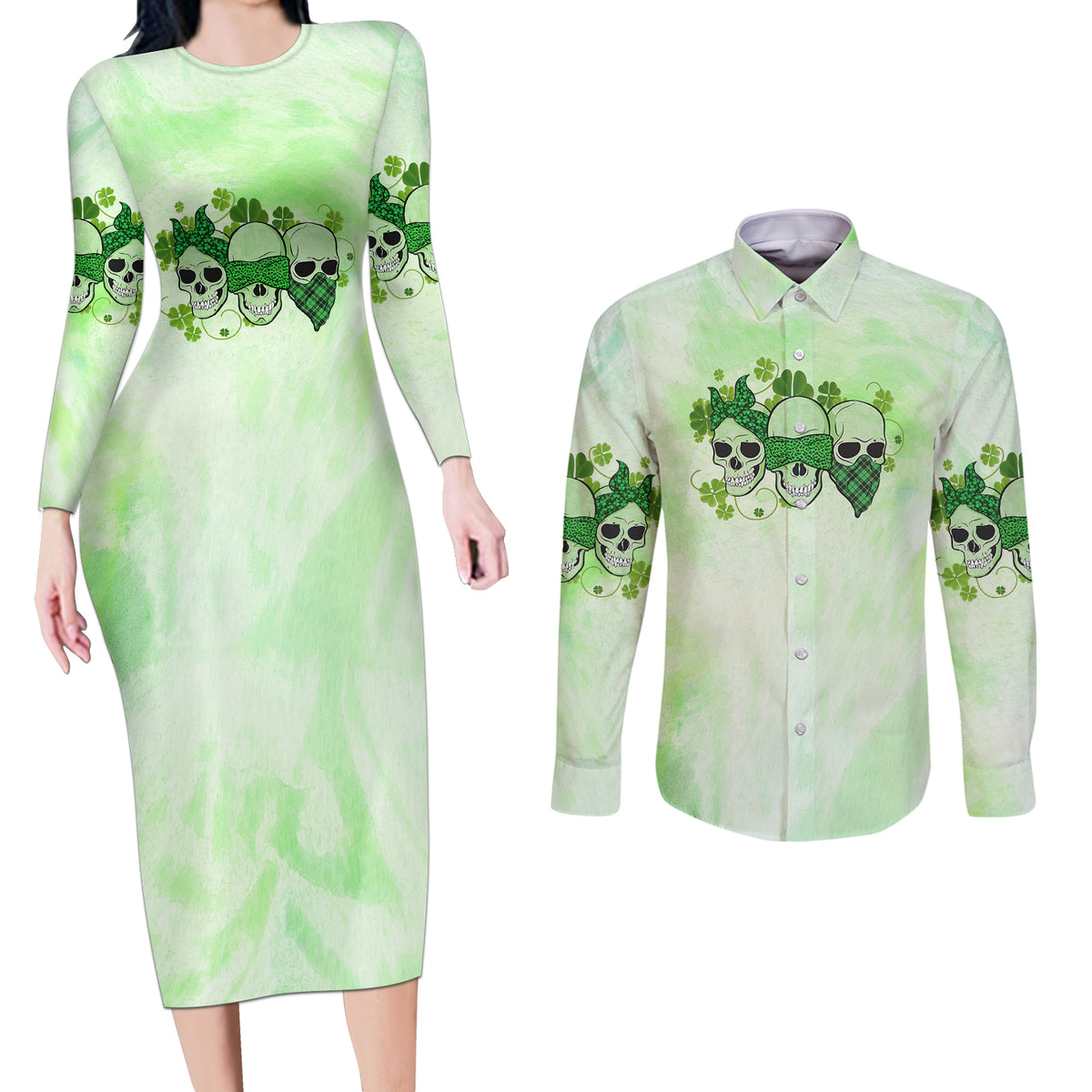 Stuck Between Idk Idc And Idgaf Rose Skull Patrick's Day Couples Matching Long Sleeve Bodycon Dress and Long Sleeve Button Shirt - Wonder Print Shop