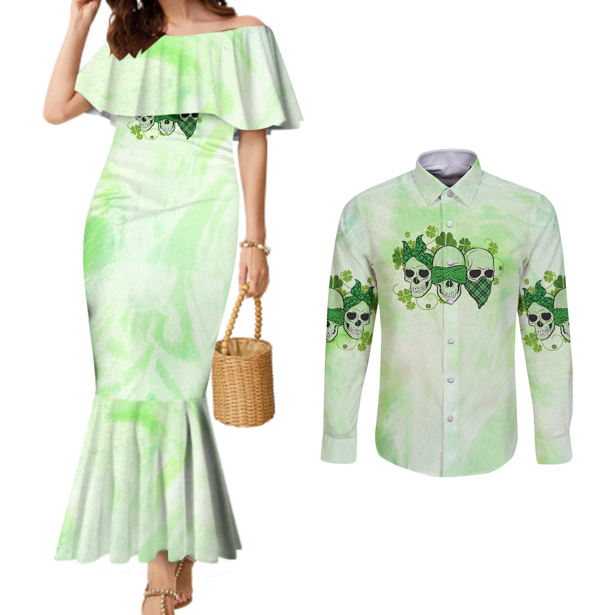 stuck-between-idk-idc-and-idgaf-rose-skull-patricks-day-couples-matching-mermaid-dress-and-long-sleeve-button-shirt