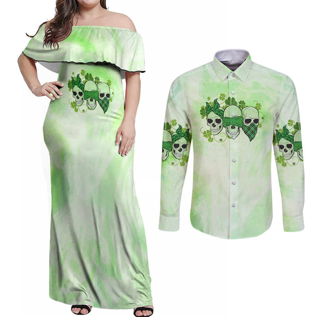 Stuck Between Idk Idc And Idgaf Rose Skull Patrick's Day Couples Matching Off Shoulder Maxi Dress and Long Sleeve Button Shirt - Wonder Print Shop