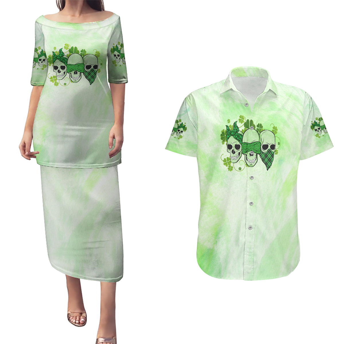Stuck Between Idk Idc And Idgaf Rose Skull Patrick's Day Couples Matching Puletasi Dress and Hawaiian Shirt - Wonder Print Shop