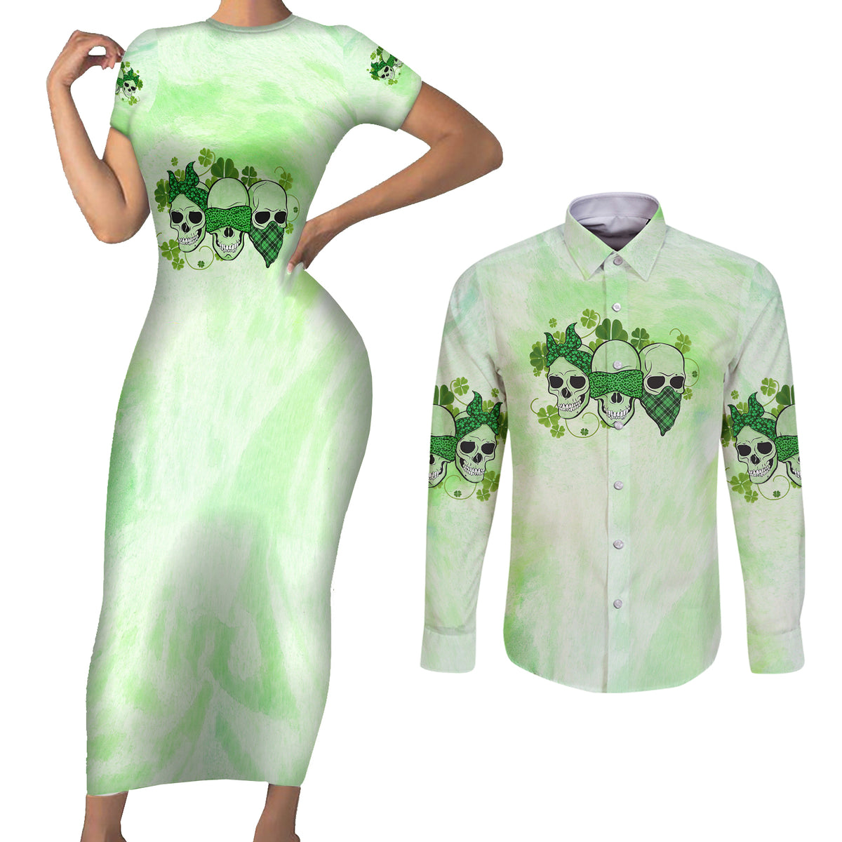 Stuck Between Idk Idc And Idgaf Rose Skull Patrick's Day Couples Matching Short Sleeve Bodycon Dress and Long Sleeve Button Shirt - Wonder Print Shop