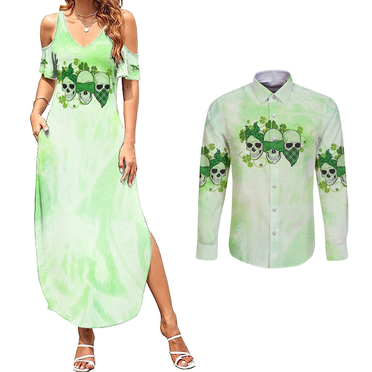 Stuck Between Idk Idc And Idgaf Rose Skull Patrick's Day Couples Matching Summer Maxi Dress and Long Sleeve Button Shirt - Wonder Print Shop
