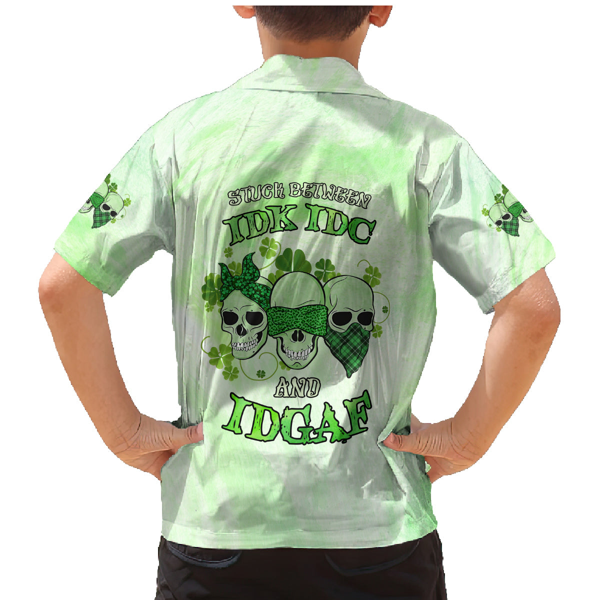 Stuck Between Idk Idc And Idgaf Rose Skull Patrick's Day Family Matching Mermaid Dress and Hawaiian Shirt - Wonder Print Shop