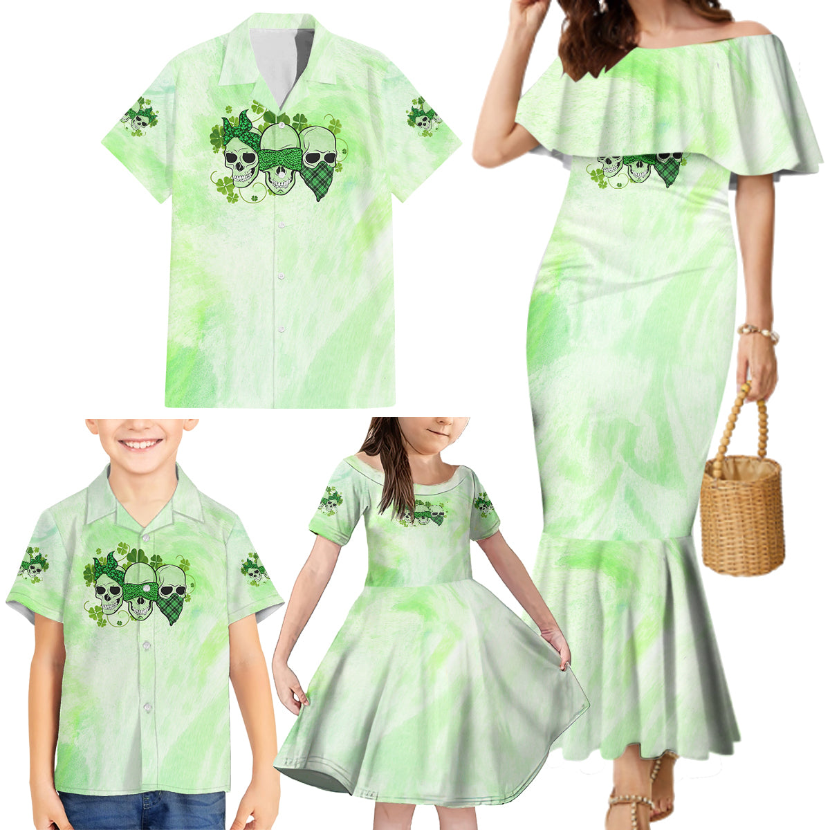 Stuck Between Idk Idc And Idgaf Rose Skull Patrick's Day Family Matching Mermaid Dress and Hawaiian Shirt - Wonder Print Shop