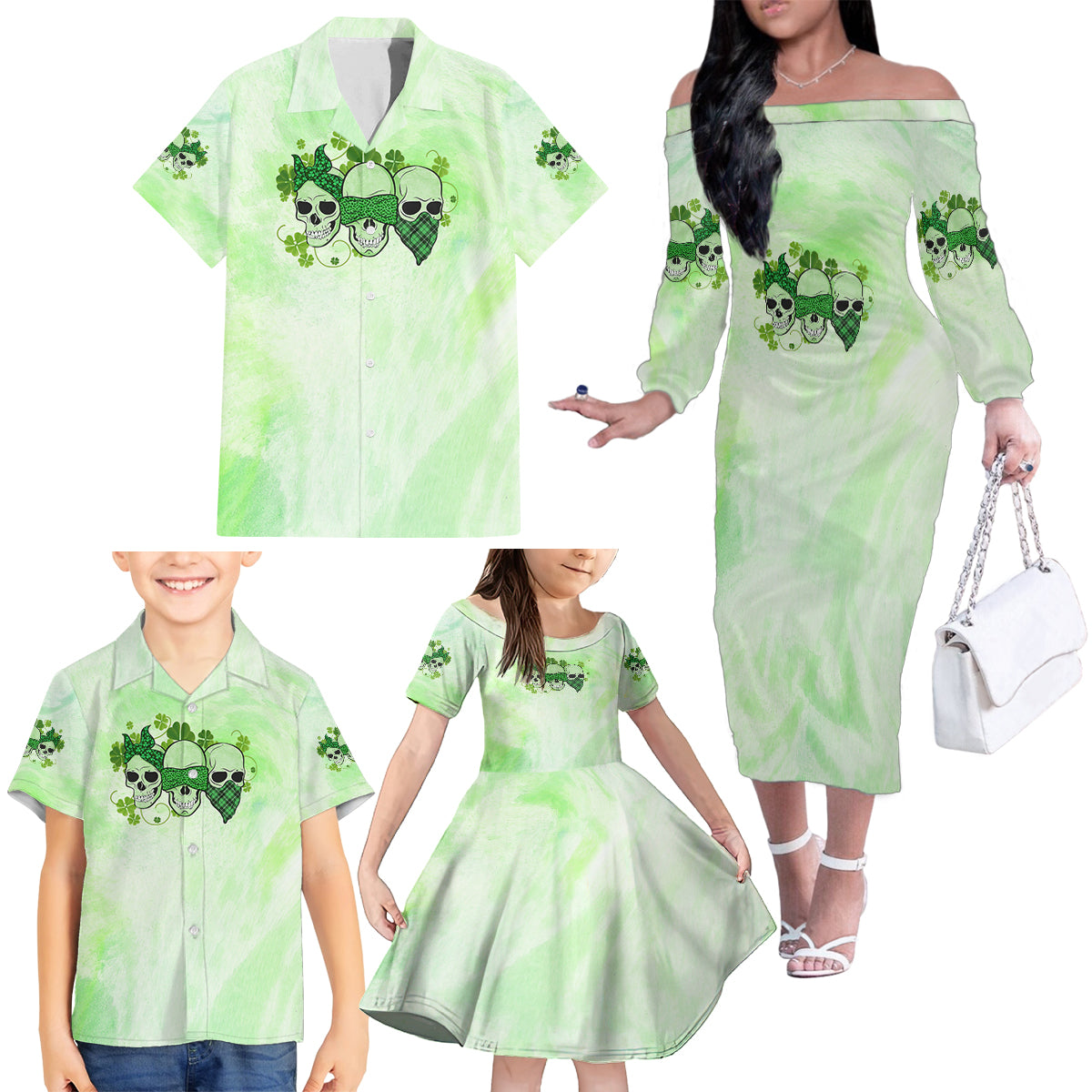 Stuck Between Idk Idc And Idgaf Rose Skull Patrick's Day Family Matching Off Shoulder Long Sleeve Dress and Hawaiian Shirt - Wonder Print Shop