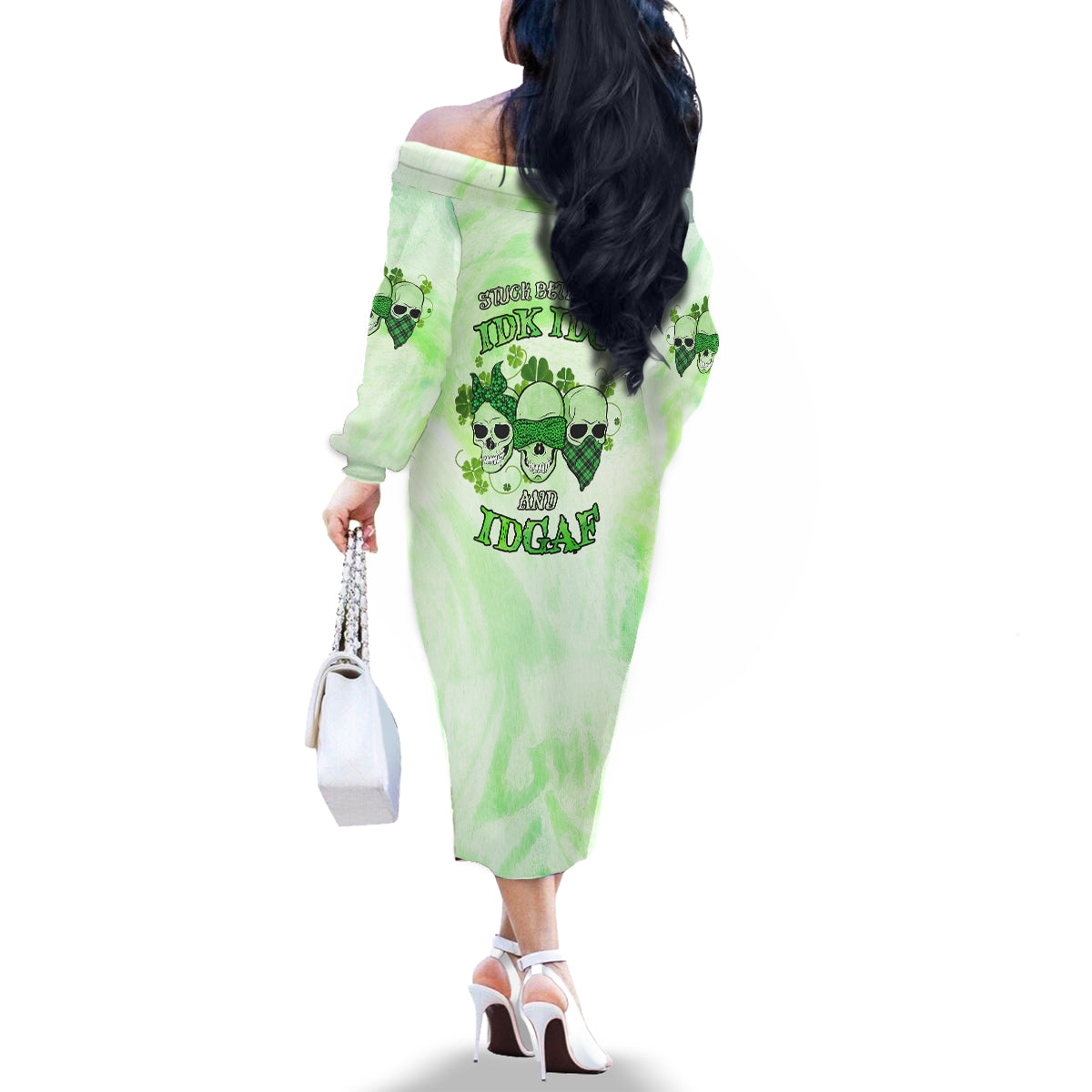 Stuck Between Idk Idc And Idgaf Rose Skull Patrick's Day Family Matching Off Shoulder Long Sleeve Dress and Hawaiian Shirt - Wonder Print Shop