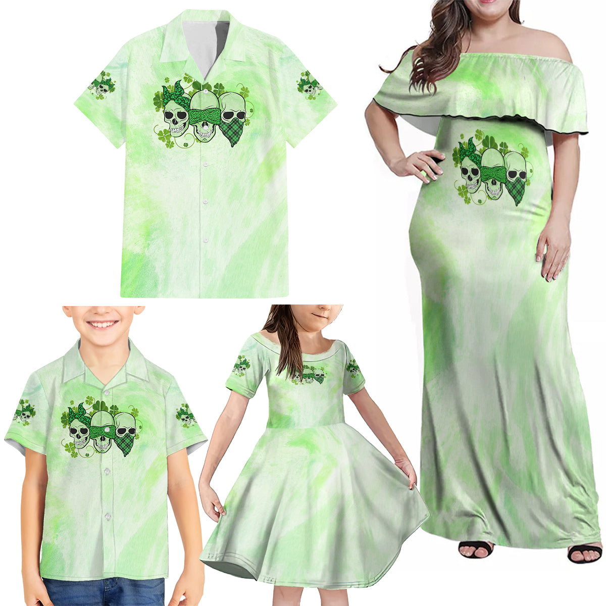 Stuck Between Idk Idc And Idgaf Rose Skull Patrick's Day Family Matching Off Shoulder Maxi Dress and Hawaiian Shirt - Wonder Print Shop