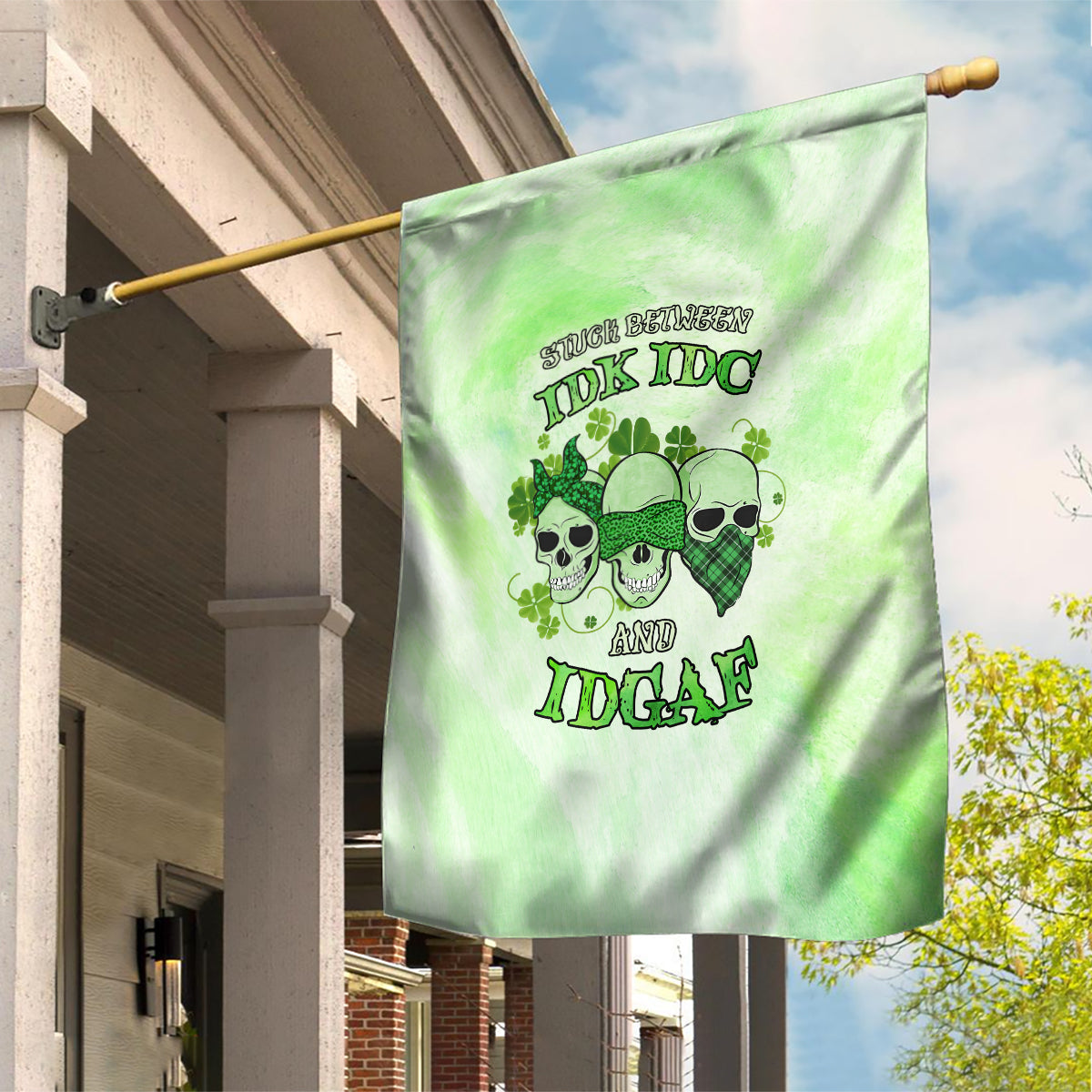 Stuck Between Idk Idc And Idgaf Rose Skull Patrick's Day Garden Flag - Wonder Print Shop