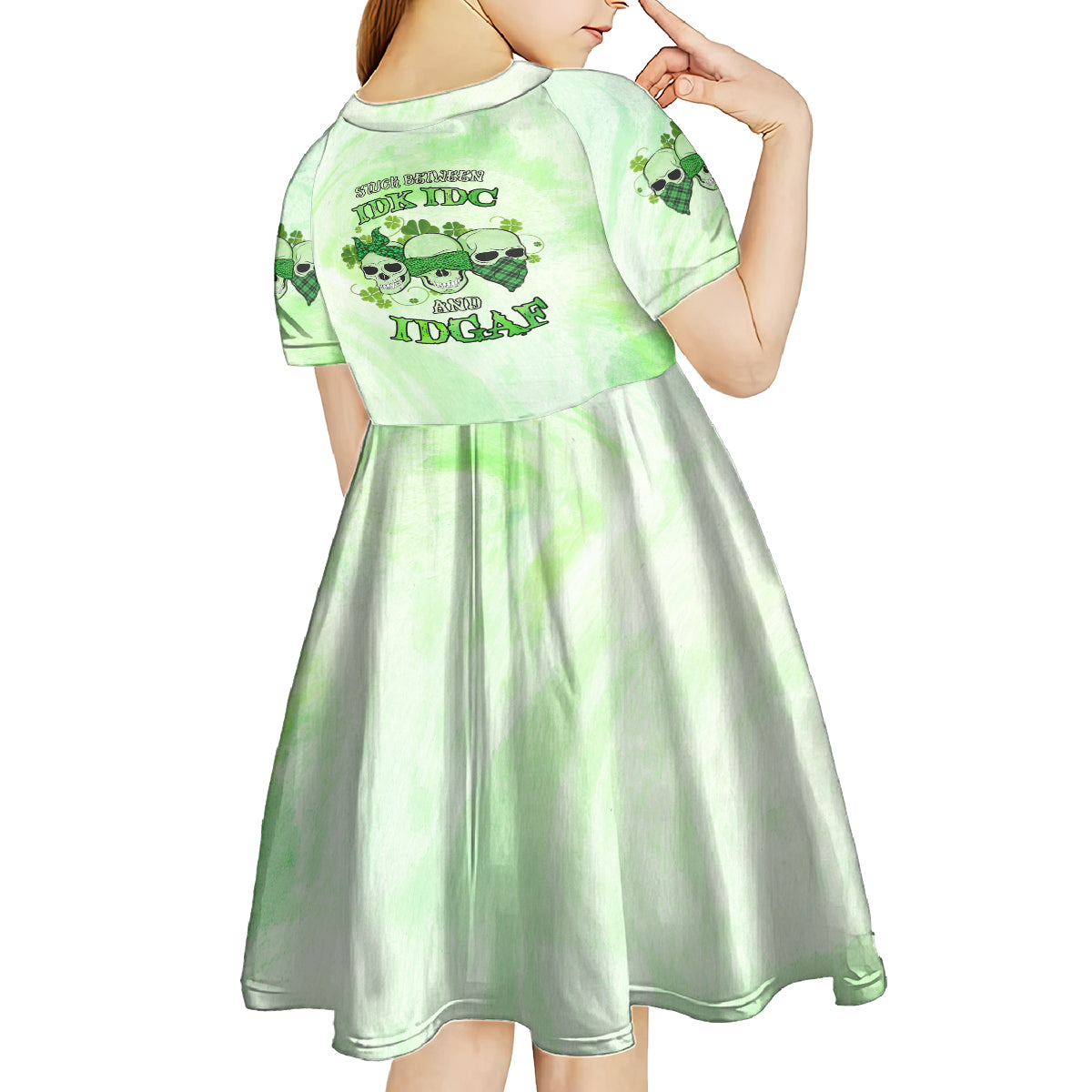 Stuck Between Idk Idc And Idgaf Rose Skull Patrick's Day Kid Short Sleeve Dress - Wonder Print Shop