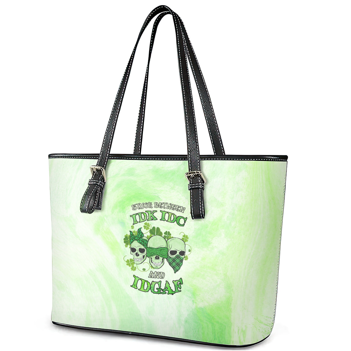 Stuck Between Idk Idc And Idgaf Rose Skull Patrick's Day Leather Tote Bag - Wonder Print Shop