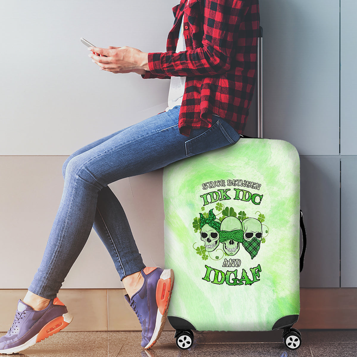 Stuck Between Idk Idc And Idgaf Rose Skull Patrick's Day Luggage Cover - Wonder Print Shop